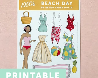 DESCARGA DIGITAL Descarga de muñecas de papel Beach Day de 1950: 1 hoja, 1 muñeca y 5 trajes