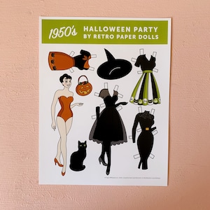 Retro Style 1950&#39;s Halloween Fashion Paper Doll - One Doll, One Cat, 4 Halloween Outfits And Accessories