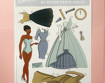 Muñeca de papel de Nochevieja estilo retro de los años 50: 1 hoja, 4 conjuntos y una muñeca.
