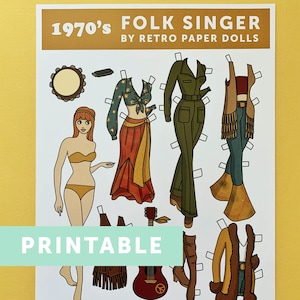 DIGITALER DOWNLOAD 1970er Volksmusik retro Papierpuppen Printable - 1 Blatt, 1 Puppe und 5 Outfits