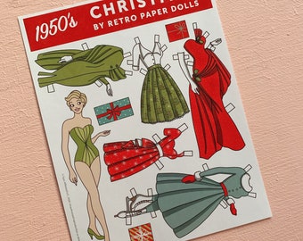 1950's Retro Style Christmas Paper Doll Set- 1 doll, 5 outfits and accessories