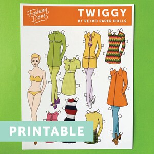 DIGITAL DOWNLOAD Twiggy Fashion Icon Paper Doll- 1 doll, 8 outfits