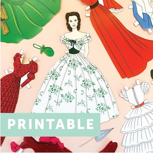 DIGITAL NEDLADDNING Borta med vinden Scarlett O'Hara utskrivbar pappersdocka, 2 ark, 7 outfits och accessoarer inspirerade av Borta med vinden