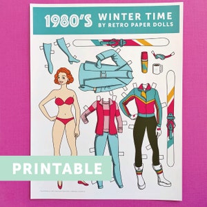 PRINTABLE- 1980s winter ski paper doll, 1 doll, 3 outfits, skis and accessories