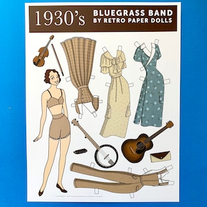 1930&#39;s Bluegrass Retro Style Paper Doll - 1 sheet, 4 outfits, and instruments