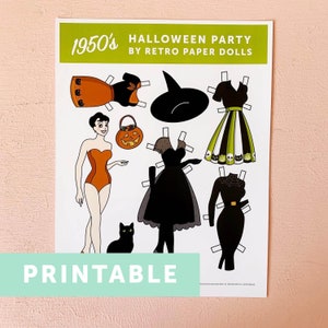 DIGITAL DOWNLOAD Retro Style 1950&#39;s Halloween Fashion Paper Doll Printable- One Doll, One Cat, 4 Halloween Outfits And Accessories