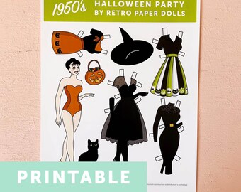 DIGITAL DOWNLOAD Retro Style 1950's Halloween Fashion Paper Doll Printable- One Doll, One Cat, 4 Halloween Outfits And Accessories
