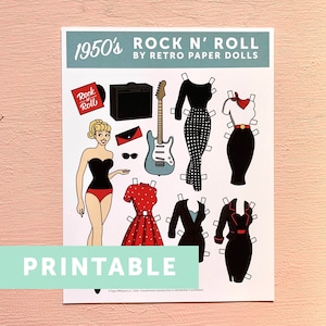 DOWNLOAD DIGITALE Bambole di carta retrò Rock N' Roll degli anni '50 stampabili - 1 foglio, 1 bambola e 5 abiti