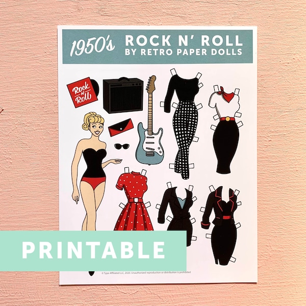DIGITAL DOWNLOAD 1950's Rock N' Roll Retro Paper Dolls printable - 1 sheet, 1 doll and 5 outfits