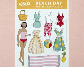 Descarga de la muñeca de papel "Día de playa de los años 50": 1 hoja, 1 muñeca y 5 conjuntos.