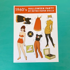 Retro Style 1960&#39;s Halloween Party Fashion Paper Doll  One Doll, 4 Halloween Outfits