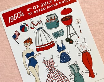 Muñeca de papel con estilo de los años 50 para fiestas del 4 de julio.