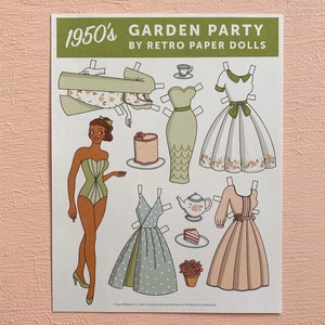 1950's Retro Style Garden Tea Party Paper Doll Set- 1 doll, 5 outfits and accessories