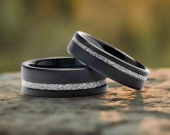 Meteorite Matching Rings for Couple - Tungsten Wedding Bands Set - Black Set 6mm & 8MM