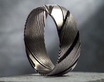 Black Damascus Wedding Band for Men - 8mm Comfort Fit Ring