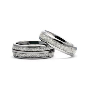 Tungsten Couple Rings - Meteorite Wedding Bands Set - Tungsten Wedding Rings Matching Set - Promise Rings for Couples - Women and Men Rings