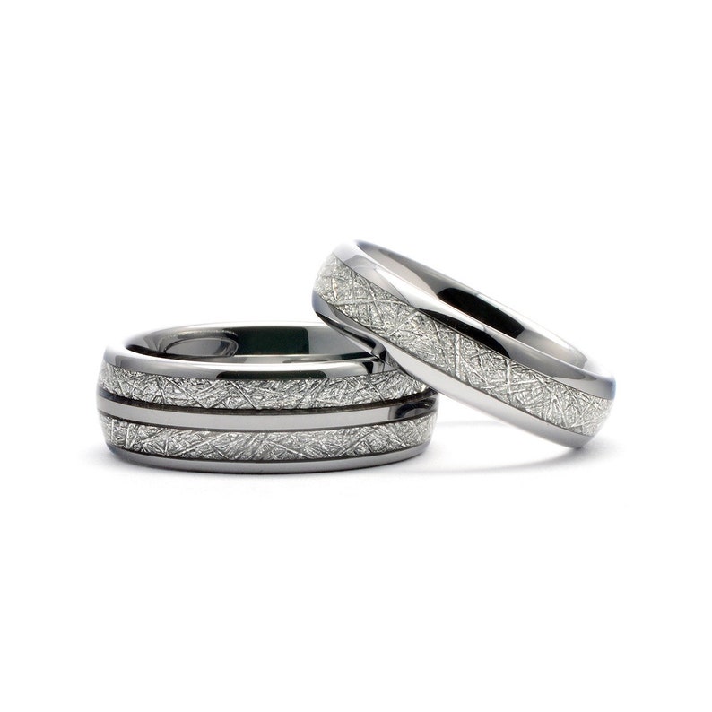 Tungsten Couple Rings | Meteorite Wedding Bands Set His and Hers 6mm and 8mm