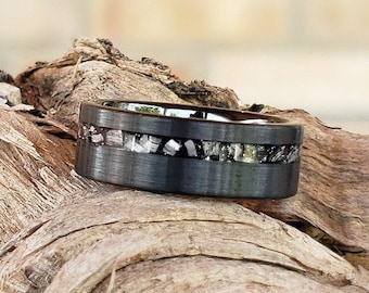 Black Tungsten Wedding Ring: Gibeon Meteorite Inlay, Diamond Brushed Finish