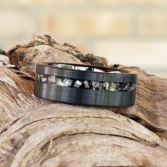 Black Meteorite Band Mens Tungsten Wedding Ring, Tungsten Ring