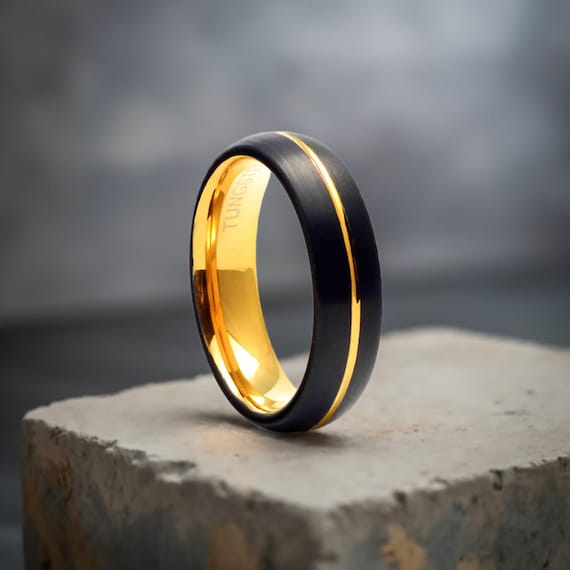 Tungsten carbide ring black and yellow gold Wedding band mens tungsten Black tungsten ring men Men's wedding band Tungsten wedding band