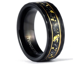 Hammered Tungsten Carbide Ring- Black w/ Meteorite & Gold Leaf, Wedding Band for Men or Women available 6mm and 8mm, Sizes from 4 to 15