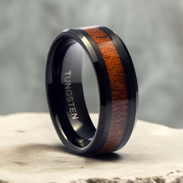 Wood Inlay Men's Wedding Band, Black Tungsten Ring for Men, Rustic Wooden Ring