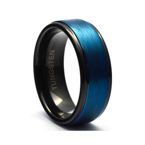 Blue Tungsten Wedding Band, Black Tungsten Ring for Men