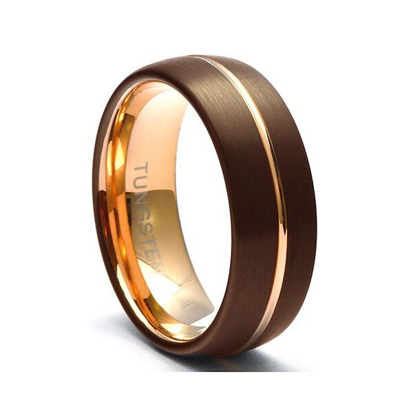 Tungsten Wedding Ring for Men or Women Brown with Rose Gold Line, Anniversary wedding Band Brushed and Comfort Fit, Tungsten Carbide ring