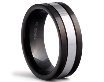 Sleek Tungsten Carbide Black Male Wedding Band - Men's Ring - Polished Shiny - 6mm or 8mm