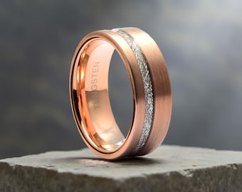 Tungsten Rose Gold Mens Wedding Band, Meteorite Ring for Men or Women