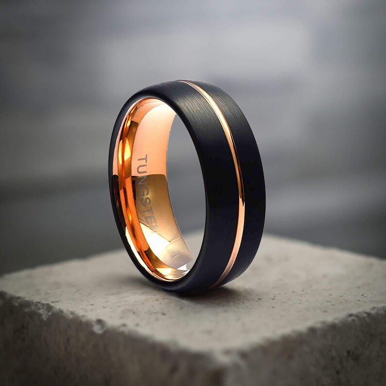 Black and Rose Gold Couple Promise Rings Set - Tungsten Bands 8mm - Parie Jewelry