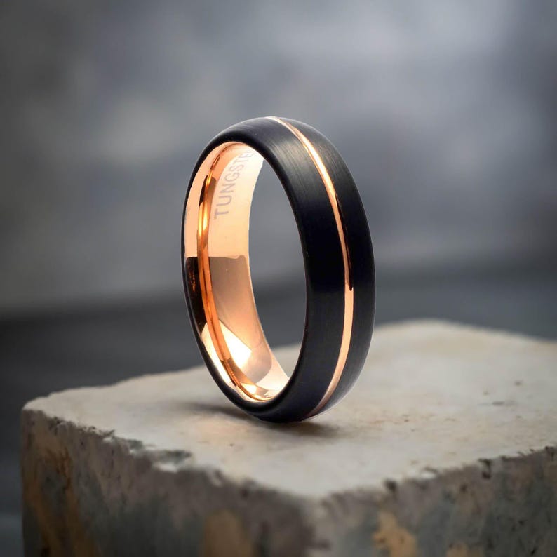 Black and Rose Gold Couple Promise Rings Set - Tungsten Bands 6mm - Parie Jewelry