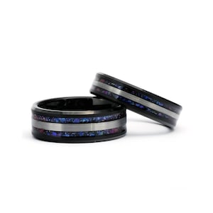Orion Nebula Tungsten Wedding Band Set: Black Brushed Outer Space Rings