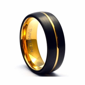 Tungsten carbide ring black and yellow gold Wedding band mens tungsten Black tungsten ring men Men's wedding band Tungsten wedding band