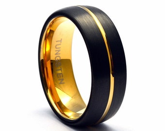 Tungsten carbide ring black and yellow gold Wedding band mens tungsten Black tungsten ring men Men's wedding band Tungsten wedding band