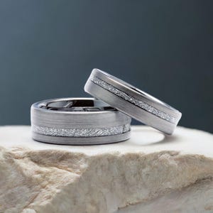 Meteorite Couple Rings - Tungsten Wedding Bands Set - His & Her