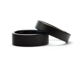 Black Wedding Band Set His and Hers Couple Rings, Tungsten Rings for Couples