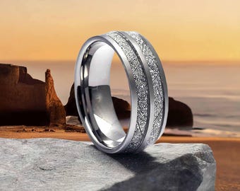Silver Meteorite Tungsten Ring: Personalized Men&#39;s Wedding Band
