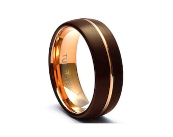 Brown Tungsten Wedding Ring: Rose Gold Line, Comfort Fit Band