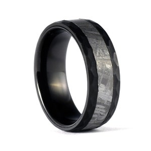 Unique Meteorite Mens Wedding Band, Tungsten ring, Hammered Black Ring, tungsten Carbide wedding Band Space ring, meteorite Ring for men