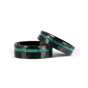 Emerald Green Opal Tungsten Wedding Bands Set - Hammered Couple Rings