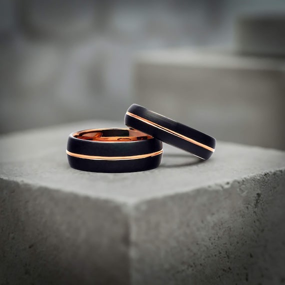 Black and Rose Gold Couple Promise Rings Set - Tungsten Bands 6mm & 8mm