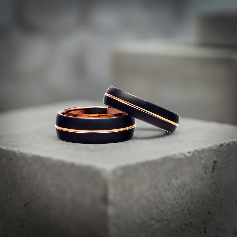 Black and Rose Gold Couple Promise Rings Set - Tungsten Bands 6mm & 8mm - Parie Jewelry