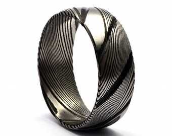 Handcrafted Damascus Steel Wedding Ring - Mens  Damascus Steel Band with Black & Gunmetal Finish Unique Ring