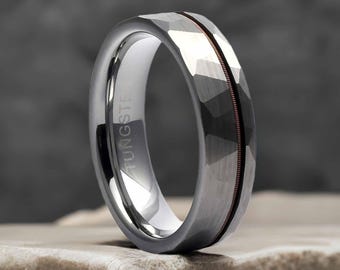 Unique Silver Hammered Guitar String Wedding Ring | Men's Tungsten Band