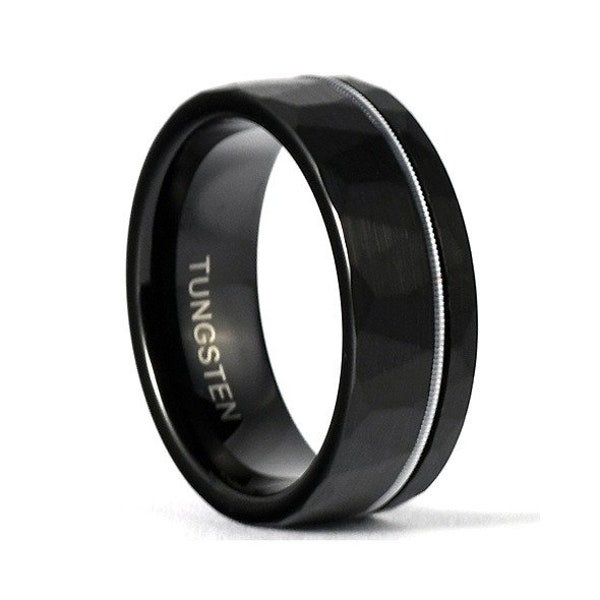 Black Tungsten Ring with Guitar String Hammered Textured Band, Guitarist Musician Rocker Jewelry, Casual Stacking Ring, Personalized Gift