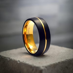 Tungsten carbide ring black and yellow gold Wedding band mens tungsten Black tungsten ring men Men&#39;s wedding band Tungsten wedding band