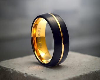 Black Tungsten Carbide Ring with Yellow Gold, Men's Wedding Band, 6mm 8mm
