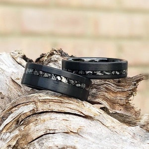 Black Tungsten Meteorite Wedding Band Set: His & Hers Promise Rings