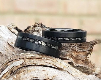 Black Meteorite Wedding Bands, Couple Rings Meteorite, Promise rings for Couple, His and Her bands, Pair of Rings, Engagement Rings
